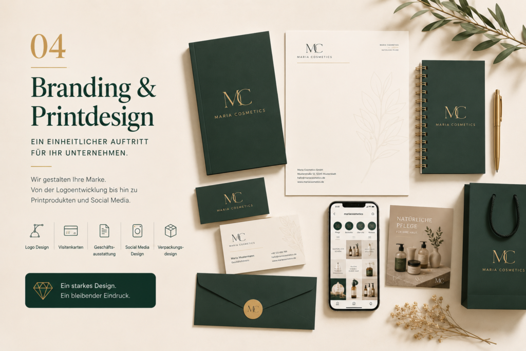 Professionelles Branding und Printdesign für Unternehmen mit Logo, Visitenkarten und Geschäftsausstattung
