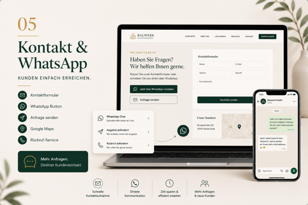 Professionelle Website mit WhatsApp Button, Kontaktformular und direkter Kundenanfrage