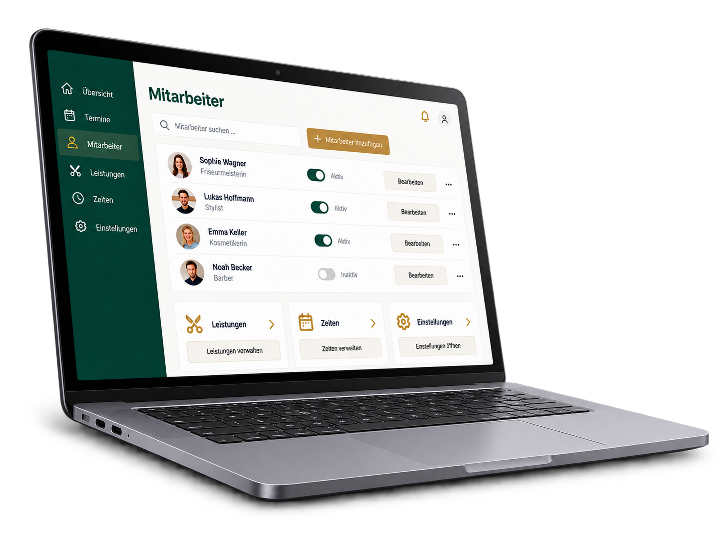 BookUp Administrator-Panel zur Verwaltung von Mitarbeitern, Leistungen, Zeiten und Einstellungen